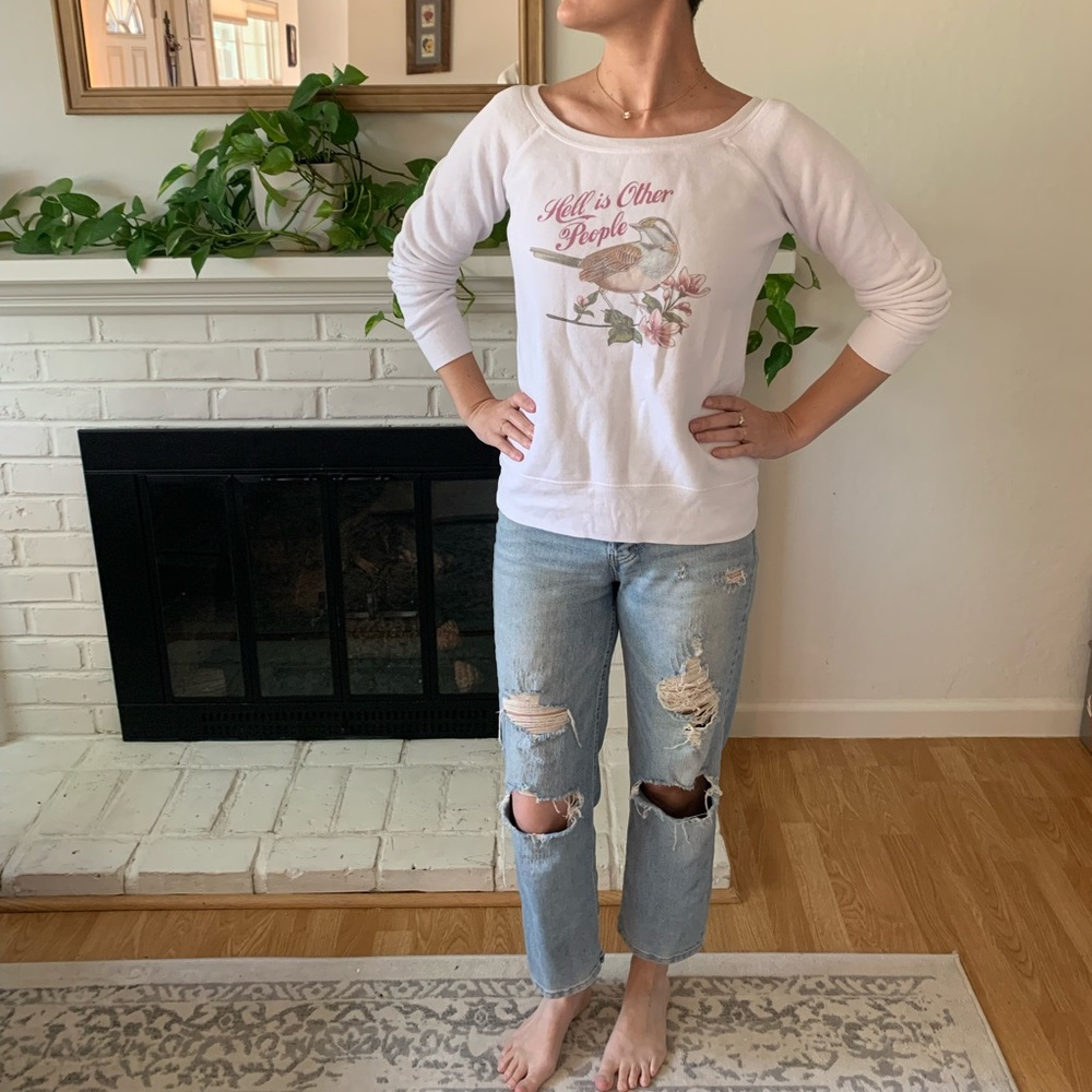 White boatneck sweatshirt with funny birds